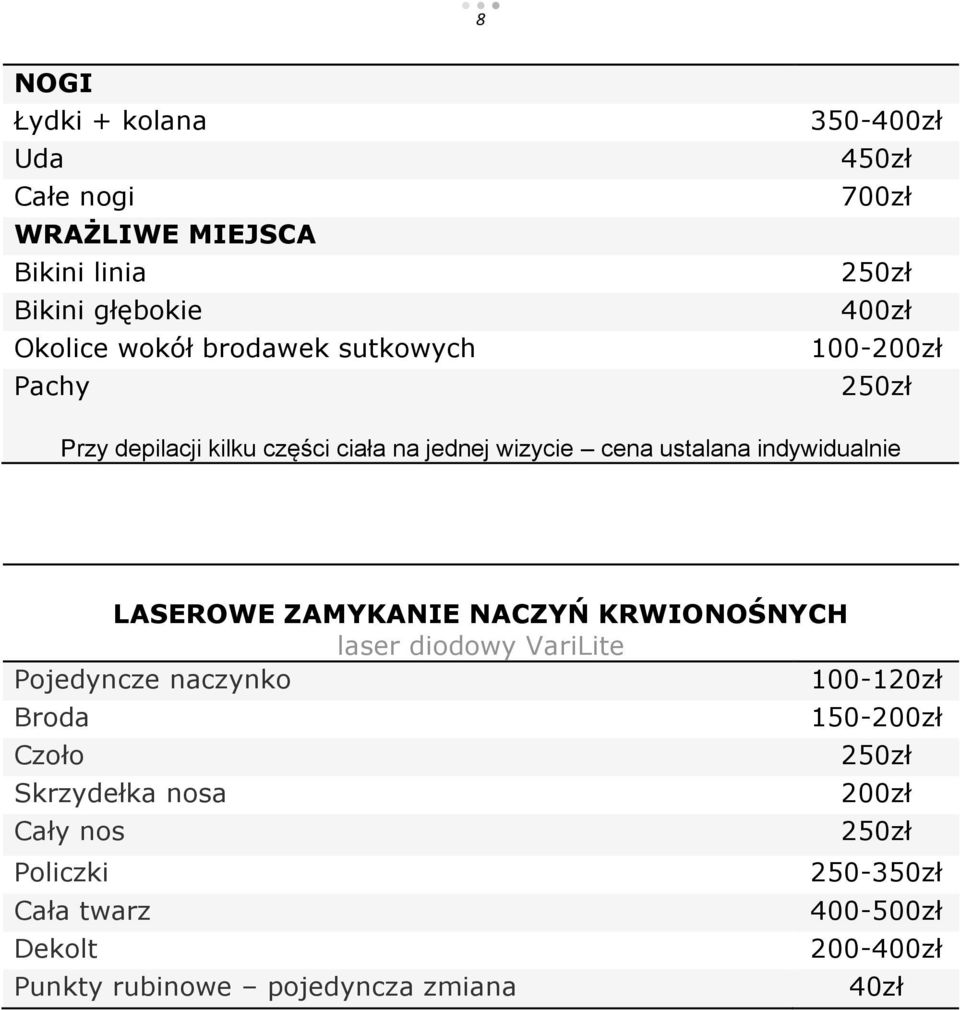 indywidualnie LASEROWE ZAMYKANIE NACZYŃ KRWIONOŚNYCH laser diodowy VariLite Pojedyncze naczynko 100-120zł Broda 150-200zł