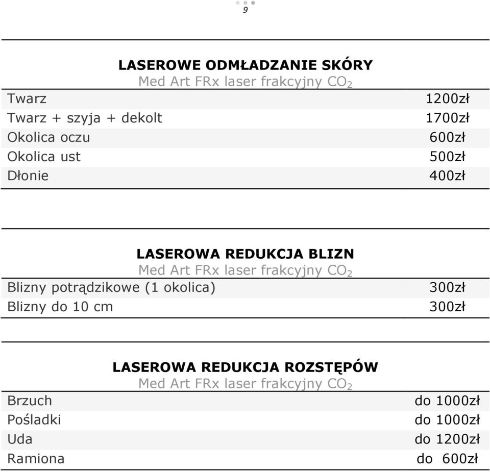 frakcyjny CO 2 Blizny potrądzikowe (1 okolica) Blizny do 10 cm 300zł 300zł Brzuch Pośladki Uda