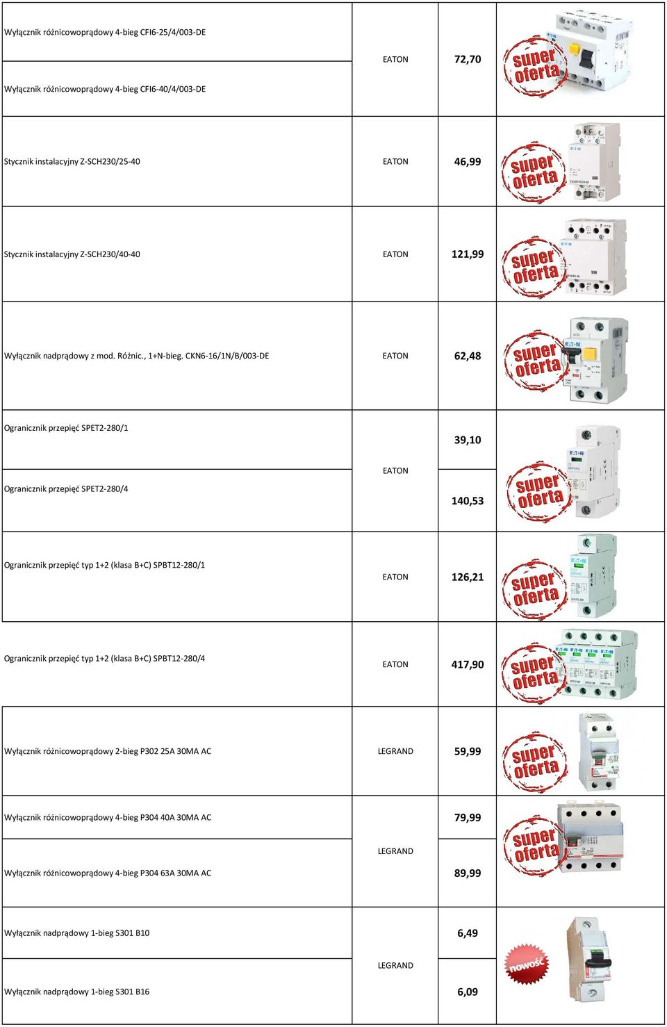 CKN6-16/1N/B/003-DE 62,48 Wyłącznik różnicowoprądowy 4-bieg CFI6-40/4/003-DE Ogranicznik przepięć SPET2-280/1 39,10 Ogranicznik przepięć SPET2-280/4 140,53 Ogranicznik przepięć typ
