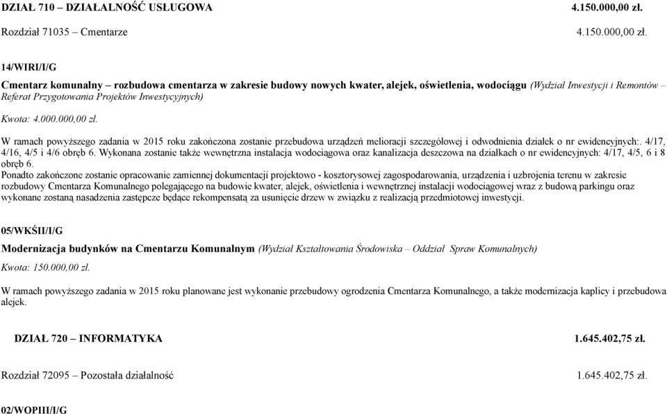 14/WIRI/I/G Cmentarz komunalny rozbudowa cmentarza w zakresie budowy nowych kwater, alejek, oświetlenia, wodociągu (Wydział Inwestycji i Remontów Referat Przygotowania Projektów Inwestycyjnych)