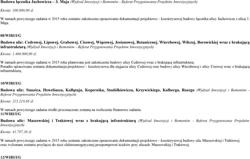 08/WIRI/I/G Budowa ulic: Cedrowej, Lipowej, Grabowej, Cisowej, Wiązowej, Jesionowej, Botanicznej, Wierzbowej, Wilczej, Borowickiej wraz z brakującą infrastrukturą (Wydział Inwestycji i Remontów -