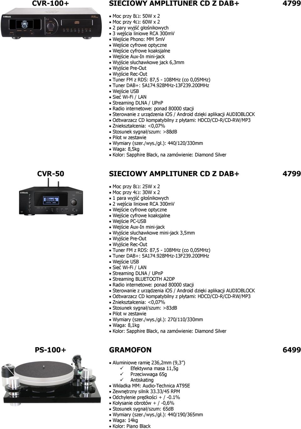 ): 440/120/330mm Waga: 8,5kg 4799 CVR-50 SIECIOWY AMPLITUNER CD Z DAB+ Moc przy 8 : 25W x 2 Moc przy 4 : 30W x 2 1 para wyjść głośnikowych 2 wejścia liniowe RCA 300mV Wejście cyfrowe optyczne Wejście