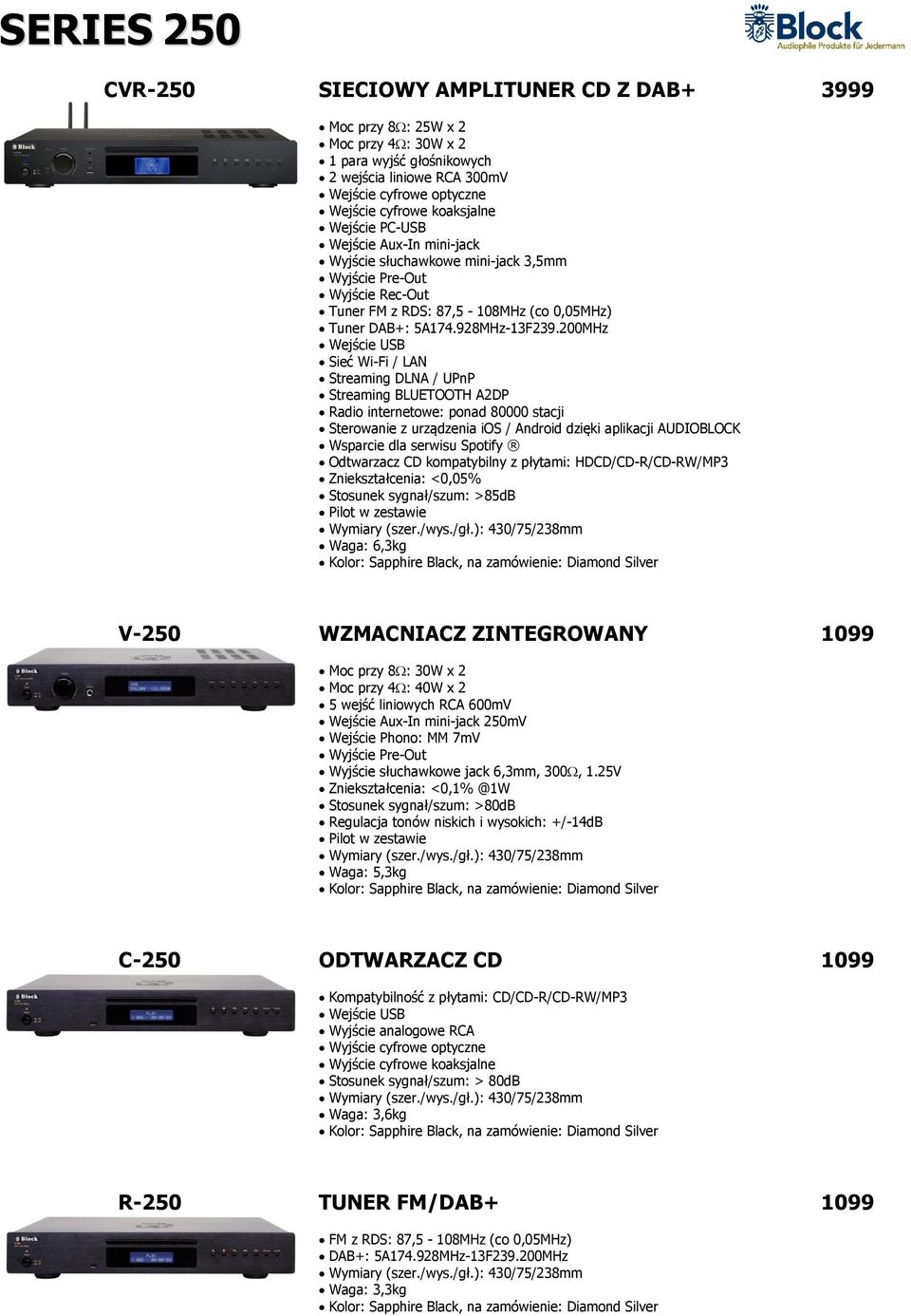 sygnał/szum: >85dB Waga: 6,3kg 3999 V-250 WZMACNIACZ ZINTEGROWANY 1099 Moc przy 8 : 30W x 2 Moc przy 4 : 40W x 2 5 wejść liniowych RCA 600mV Wejście Aux-In mini-jack 250mV Wejście Phono: MM 7mV