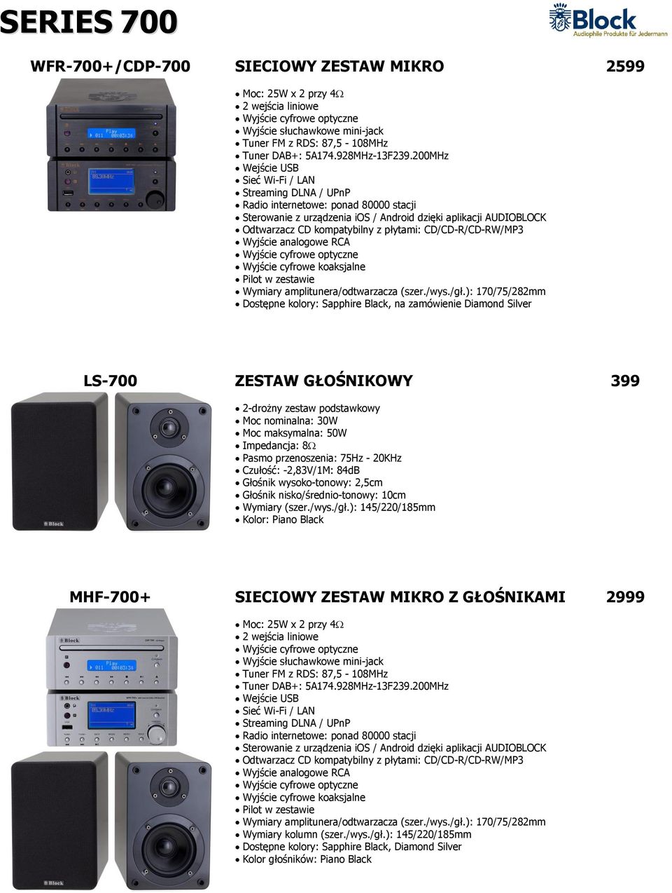 ): 170/75/282mm Dostępne kolory: Sapphire Black, na zamówienie Diamond Silver 2599 LS-700 ZESTAW GŁOŚNIKOWY 2-drożny zestaw podstawkowy Moc nominalna: 30W Moc maksymalna: 50W Impedancja: 8 Pasmo