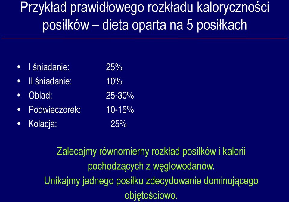 10-15% Kolacja: 25% Zalecajmy równomierny rozkład posiłków i kalorii