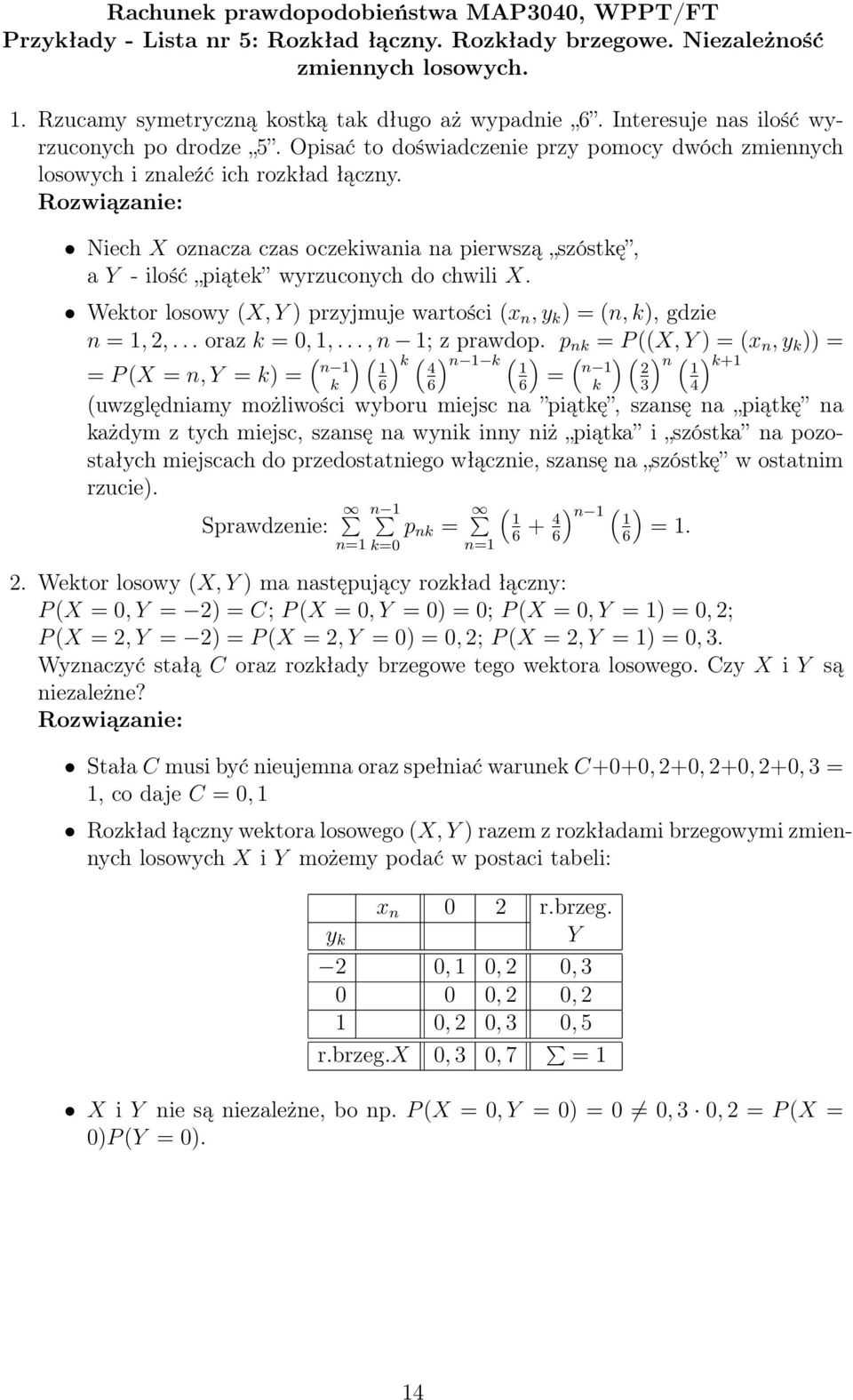 Niech X oznacza czas oczekiwania na pierwszą szóstkę, a Y - ilość piątek wyrzuconych do chwili X. Wektor losowy X, Y przyjmuje wartości x n, y k = n, k, gdzie n =,,... oraz k =,,..., n ; z prawdop.