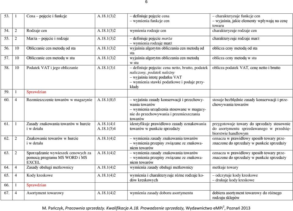 10 Obliczanie cen metodą w stu A.18.1(3)2 wyjaśnia algorytm obliczania cen metodą w stu 58. 10 Podatek VAT i jego obliczanie A.18.1(3)1 definiuje pojęcia: cena netto, brutto, podatek naliczony, podatek należny wyjaśnia istotę podatku VAT wymienia stawki podatkowe i podaje przykłady 59.