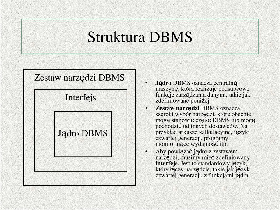 Zestaw narzędzi DBMS oznacza szeroki wybór narzędzi, które obecnie mogą stanowić część DBMS lub mogą pochodzić od innych dostawców.