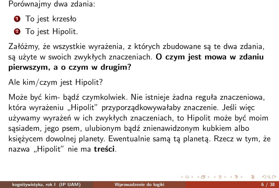 Nie istnieje żadna reguła znaczeniowa, która wyrażeniu Hipolit przyporządkowywałaby znaczenie.