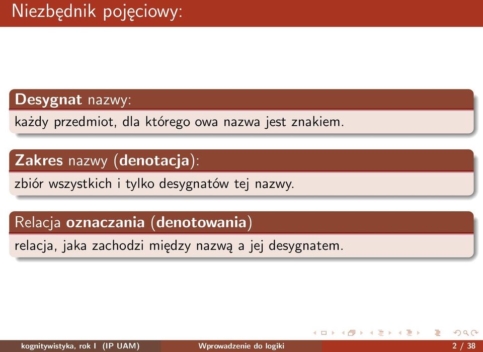 Zakres nazwy (denotacja): zbiór wszystkich i tylko desygnatów tej nazwy.