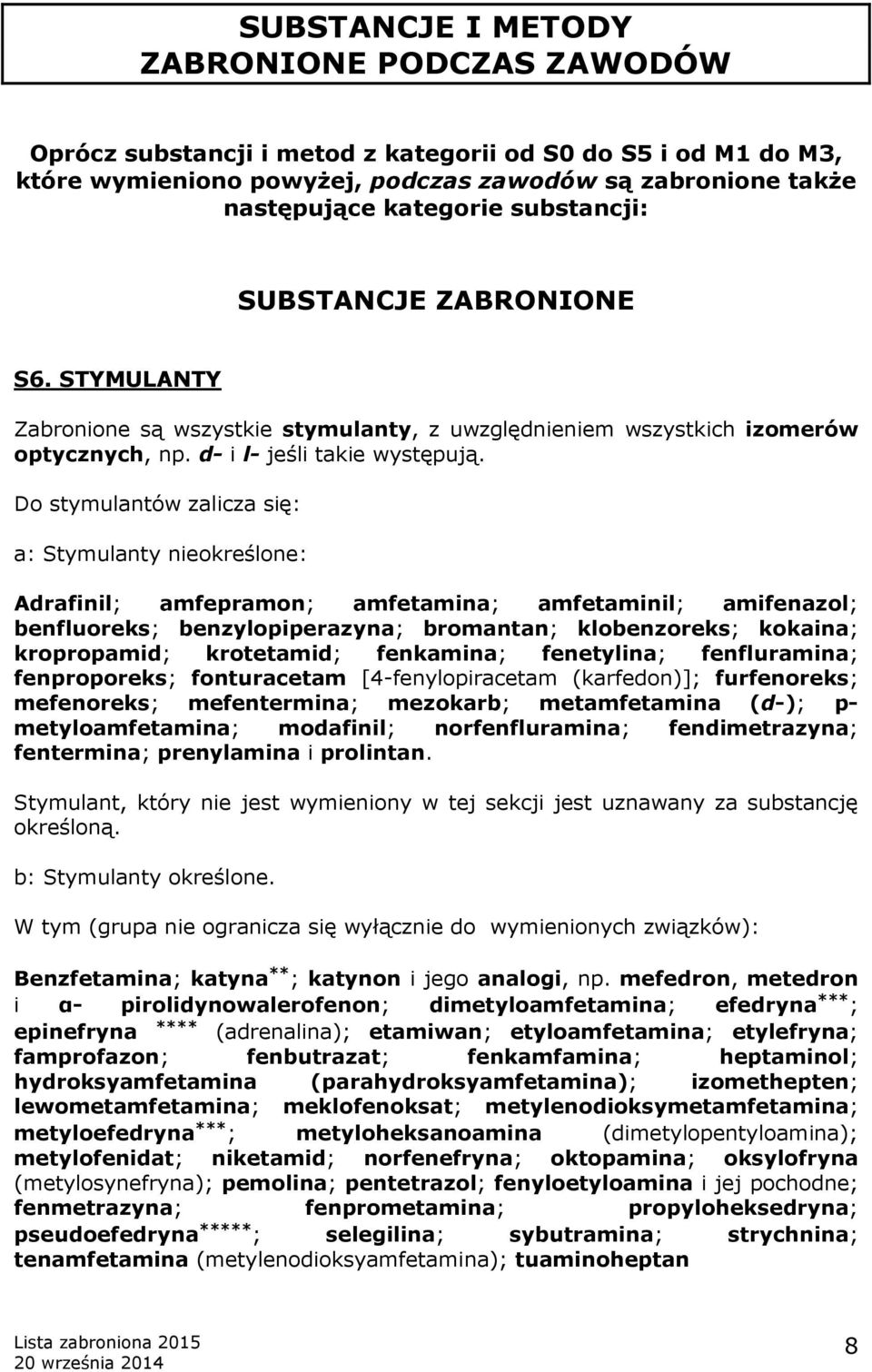 Do stymulantów zalicza się: a: Stymulanty nieokreślone: Adrafinil; amfepramon; amfetamina; amfetaminil; amifenazol; benfluoreks; benzylopiperazyna; bromantan; klobenzoreks; kokaina; kropropamid;
