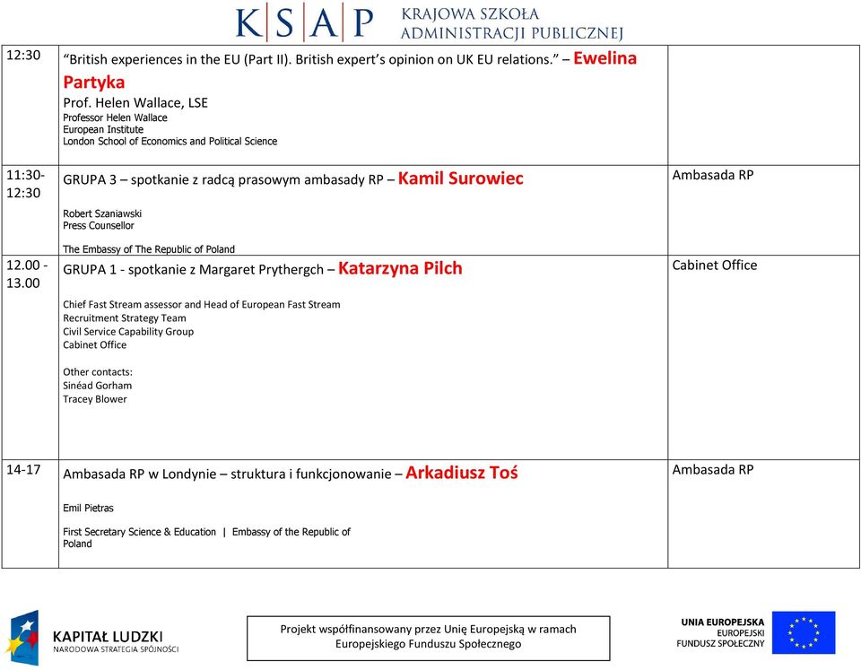 00 GRUPA 3 spotkanie z radcą prasowym ambasady RP Kamil Surowiec Robert Szaniawski Press Counsellor The Embassy of The Republic of Poland GRUPA 1 - spotkanie z Margaret Prythergch Katarzyna