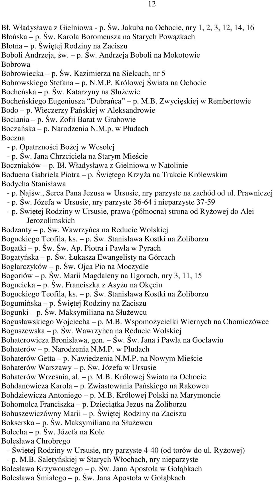 Wieczerzy Pańskiej w Aleksandrowie Bociania p. Św. Zofii Barat w Grabowie Boczańska p. Narodzenia N.M.p. w Płudach Boczna - p. Św. Jana Chrzciciela na Starym Mieście Boczniaków p. Bł.