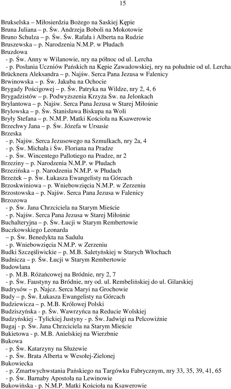 Serca Pana Jezusa w Falenicy Brwinowska p. Św. Jakuba na Ochocie Brygady Pościgowej p. Św. Patryka na Wildze, nry 2, 4, 6 Brygadzistów p. PodwyŜszenia KrzyŜa Św. na Jelonkach Brylantowa p. Najśw.