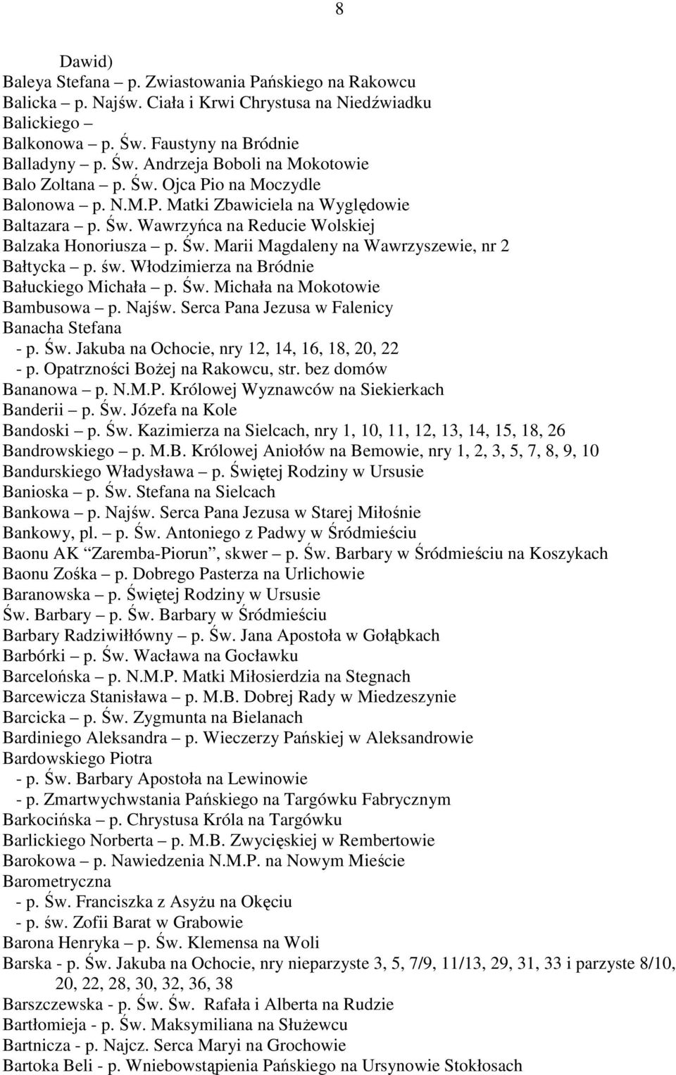 św. Włodzimierza na Bródnie Bałuckiego Michała p. Św. Michała na Mokotowie Bambusowa p. Najśw. Serca Pana Jezusa w Falenicy Banacha Stefana - p. Św. Jakuba na Ochocie, nry 12, 14, 16, 18, 20, 22 - p.