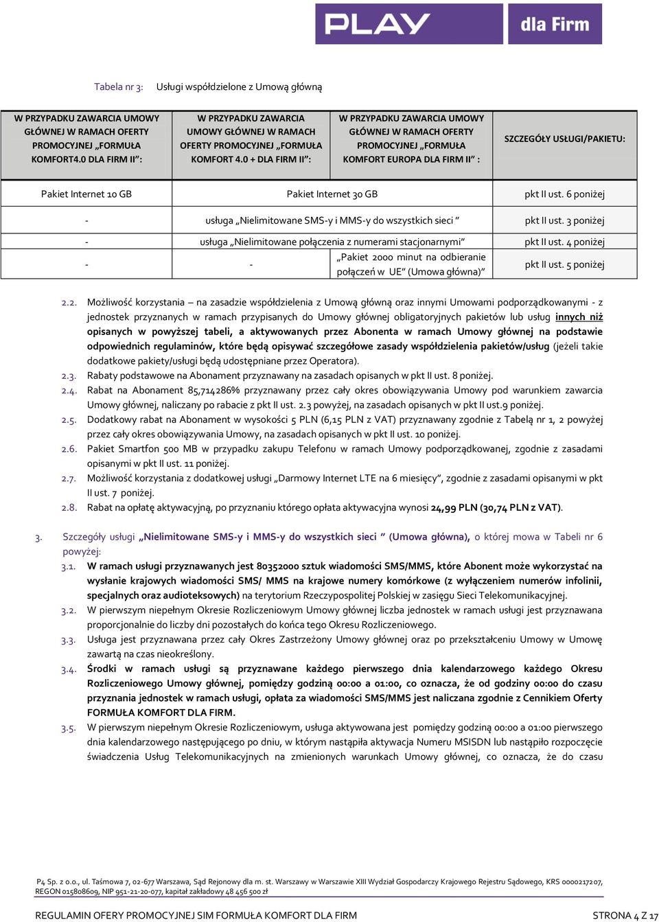 0 + DLA FIRM II : W PRZYPADKU ZAWARCIA UMOWY GŁÓWNEJ W RAMACH OFERTY PROMOCYJNEJ FORMUŁA KOMFORT EUROPA DLA FIRM II : SZCZEGÓŁY USŁUGI/PAKIETU: Pakiet Internet 10 GB Pakiet Internet 30 GB pkt II ust.