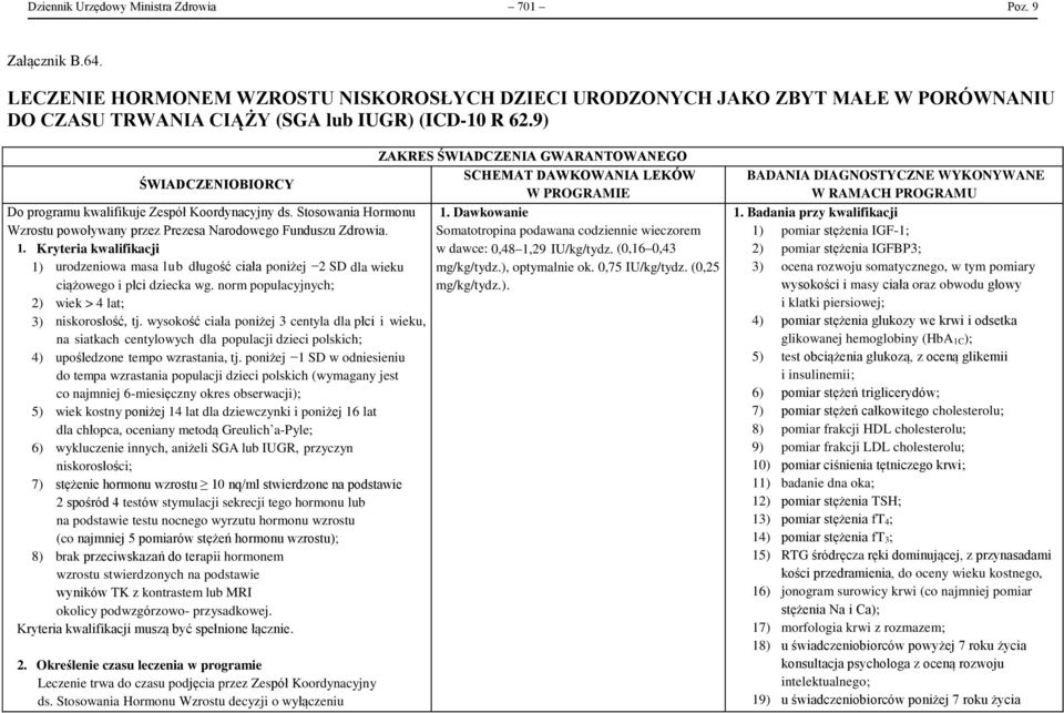 Kryteria kwalifikacji 1) urodzeniowa masa lub długość ciała poniżej 2 SD dla wieku ciążowego i płci dziecka wg. norm populacyjnych; 2) wiek > 4 lat; 3) niskorosłość, tj.