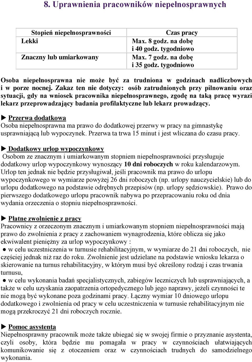 Zakaz ten nie dotyczy: osób zatrudnionych przy pilnowaniu oraz sytuacji, gdy na wniosek pracownika niepełnosprawnego, zgodę na taką pracę wyrazi lekarz przeprowadzający badania profilaktyczne lub