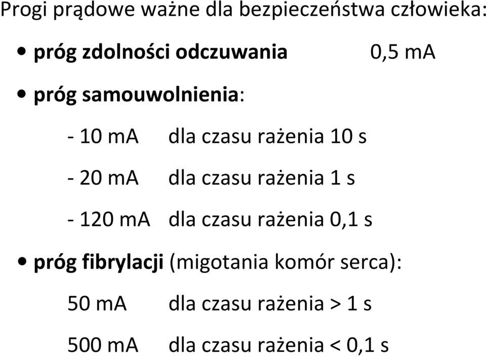 czasu rażenia 1 s - 120 ma dla czasu rażenia 0,1 s próg fibrylacji