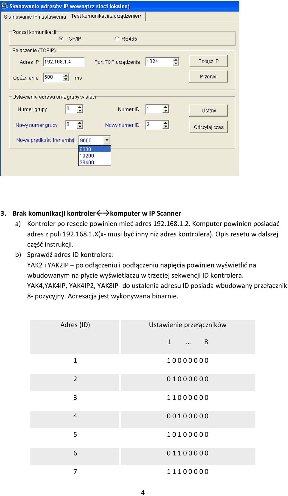 b) Sprawdź adres ID kontrolera: YAK2 i YAK2IP po odłączeniu i podłączeniu napięcia powinien wyświetlić na wbudowanym na płycie wyświetlaczu w trzeciej sekwencji ID
