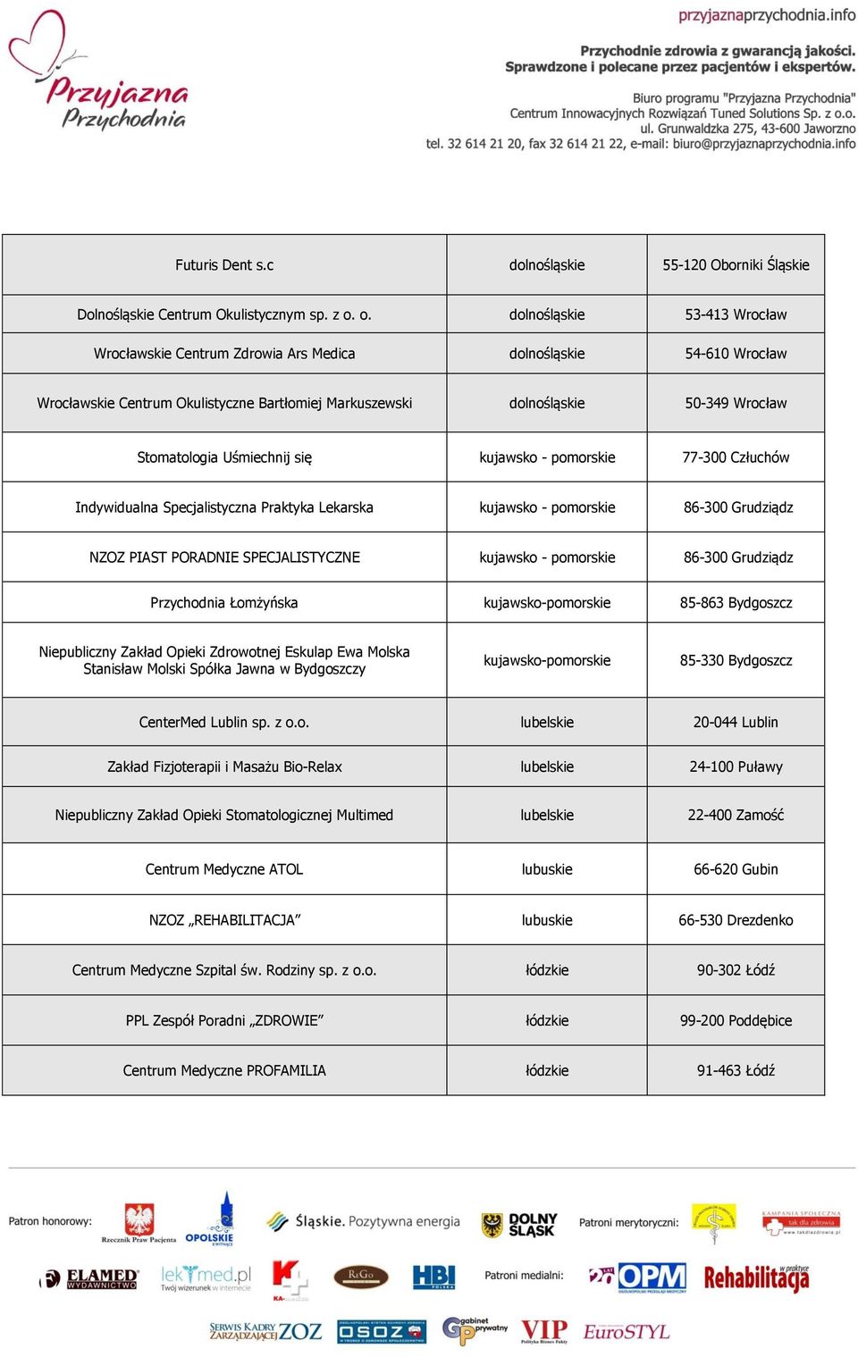 Uśmiechnij się kujawsko - pomorskie 77-300 Człuchów Indywidualna Specjalistyczna Praktyka Lekarska kujawsko - pomorskie 86-300 Grudziądz NZOZ PIAST PORADNIE SPECJALISTYCZNE kujawsko - pomorskie