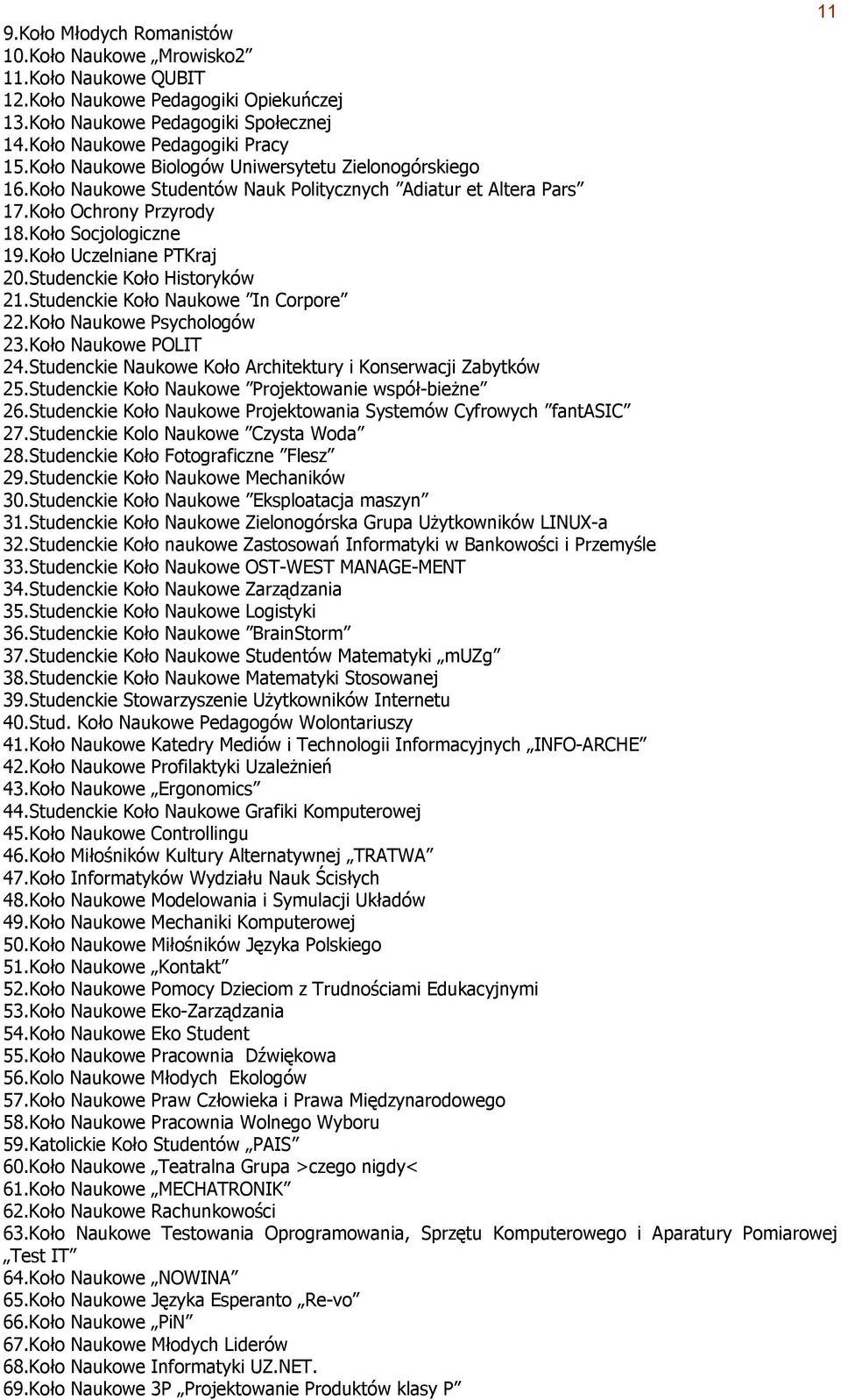 Studenckie Koło Historyków 21.Studenckie Koło Naukowe In Corpore 22.Koło Naukowe Psychologów 23.Koło Naukowe POLIT 24.Studenckie Naukowe Koło Architektury i Konserwacji Zabytków 25.