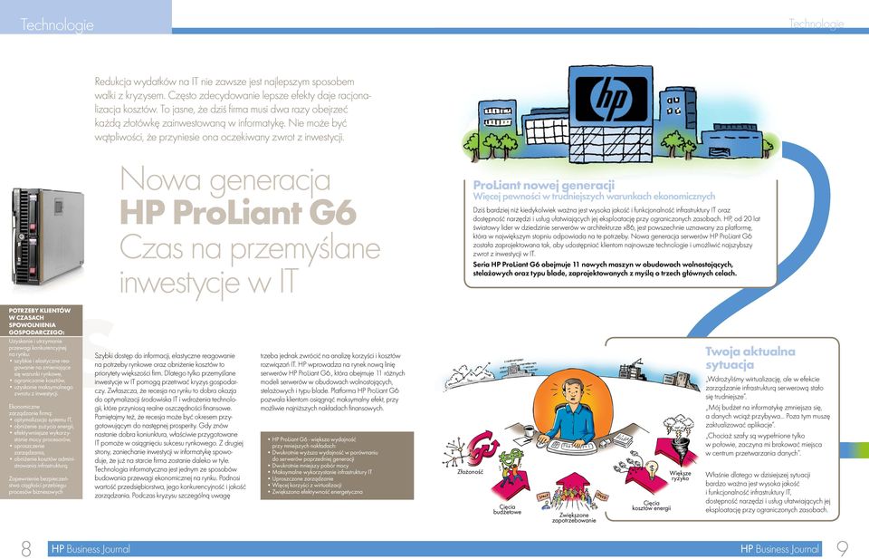 Nowa generacja HP ProLiant G6 Czas na przemyślane inwestycje w IT ProLiant nowej generacji Więcej pewności w trudniejszych warunkach ekonomicznych Dziś bardziej niż kiedykolwiek ważna jest wysoka