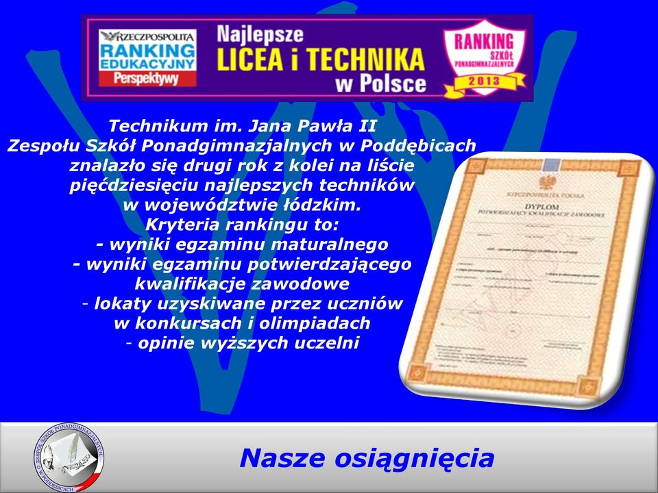 liście pięćdziesięciu najlepszych techników w województwie łódzkim.