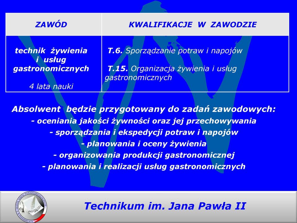 Organizacja żywienia i usług gastronomicznych Absolwent będzie przygotowany do zadań zawodowych: - oceniania jakości