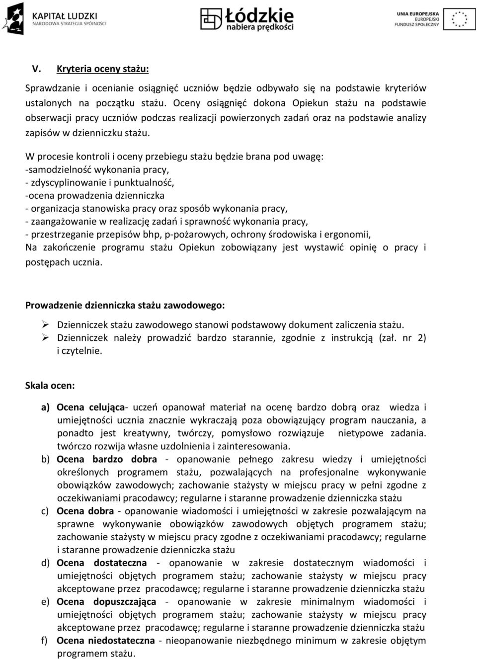 W procesie kontroli i oceny przebiegu stażu będzie brana pod uwagę: -samodzielność wykonania pracy, - zdyscyplinowanie i punktualność, -ocena prowadzenia dzienniczka - organizacja stanowiska pracy