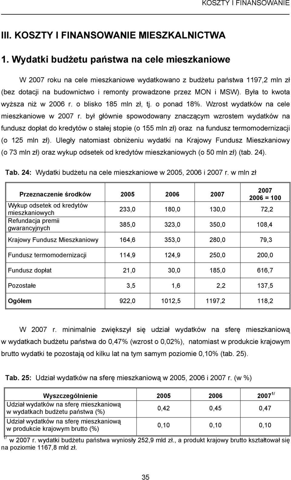 Była to kwota wyższa niż w 2006 r. o blisko 185 mln zł, tj. o ponad 18%. Wzrost wydatków na cele mieszkaniowe w 2007 r.