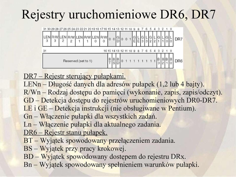 LE i GE Detekcja instrukcji (nie obsługiwane w Pentium). Gn Włączenie pułapki dla wszystkich zadań. Ln Włączenie pułapki dla aktualnego zadania.