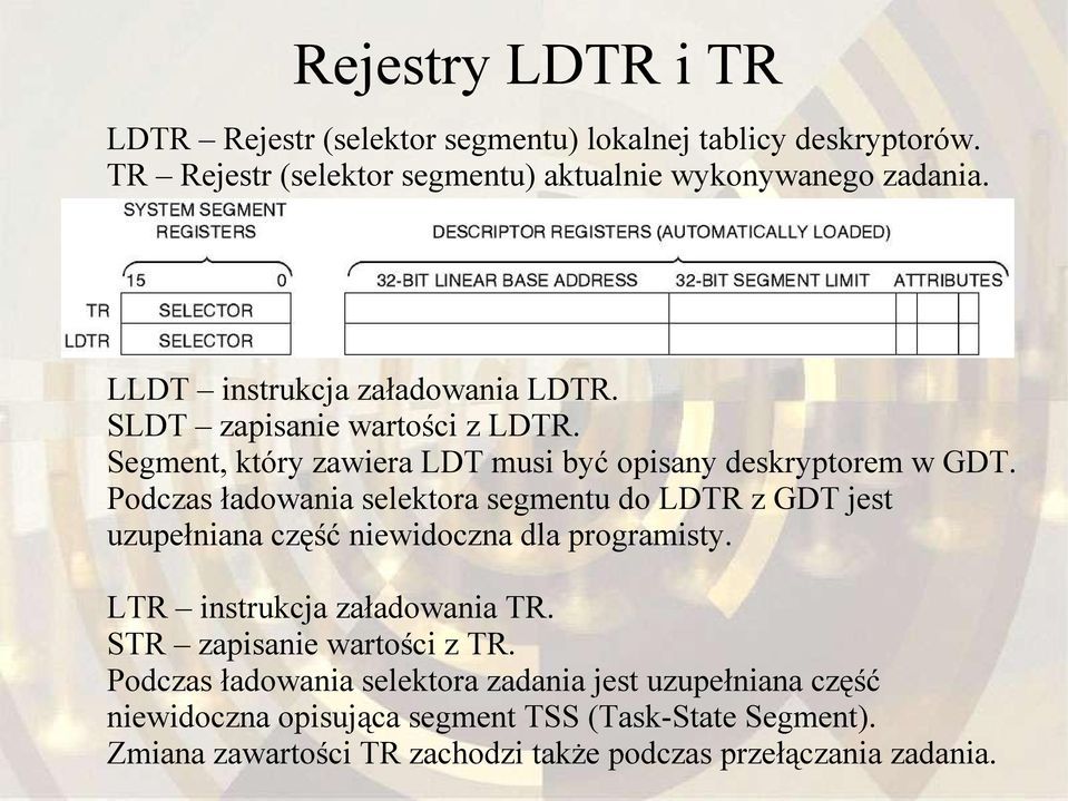 Podczas ładowania selektora segmentu do LDTR z GDT jest uzupełniana część niewidoczna dla programisty. LTR instrukcja załadowania TR.