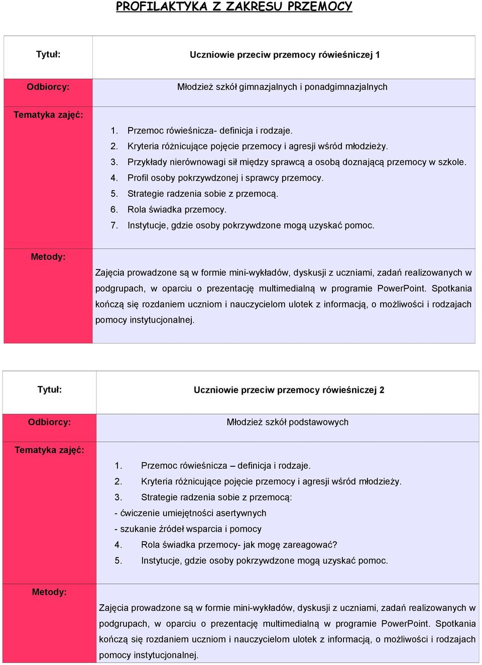 Strategie radzenia sobie z przemocą. 6. Rola świadka przemocy. 7. Instytucje, gdzie osoby pokrzywdzone mogą uzyskać pomoc.