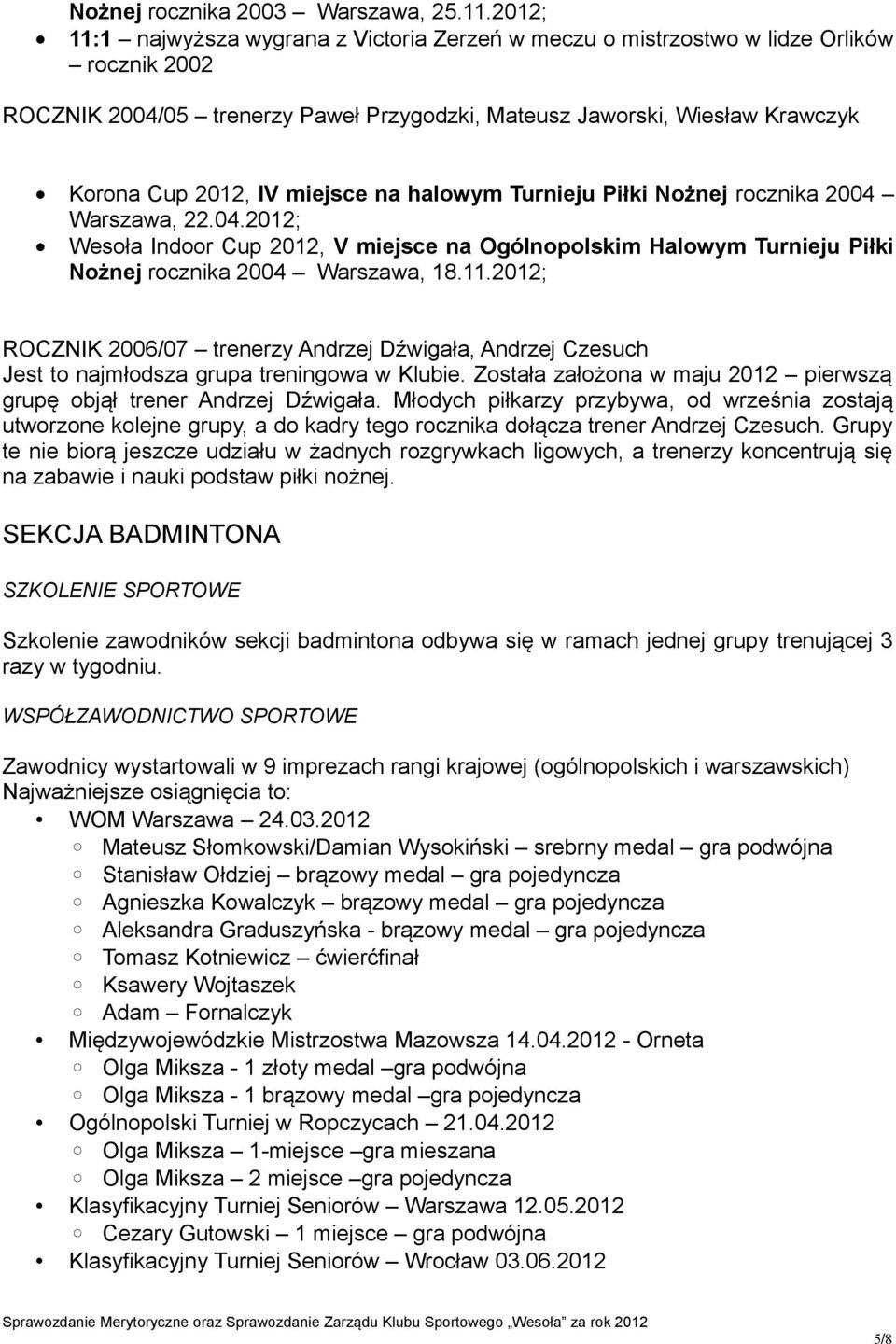 miejsce na halowym Turnieju Piłki Nożnej rocznika 2004 Warszawa, 22.04.2012; Wesoła Indoor Cup 2012, V miejsce na Ogólnopolskim Halowym Turnieju Piłki Nożnej rocznika 2004 Warszawa, 18.11.