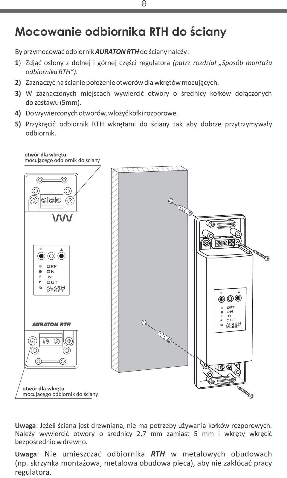 4) Do wywierconych otworów, włożyć kołki rozporowe. 5) Przykręcić odbiornik RTH wkrętami do ściany tak aby dobrze przytrzymywały odbiornik.