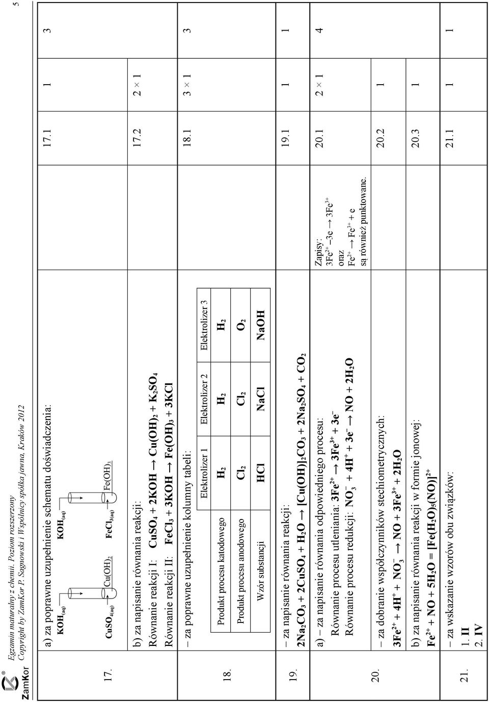 kolumny tabeli: Elektrolizer Elektrolizer Elektrolizer 3 7. 8. 3 3 Produkt procesu katodowego H H H Produkt procesu anodowego Cl Cl O Wzór substancji HCl NaCl NaOH za napisanie równania reakcji: 9.