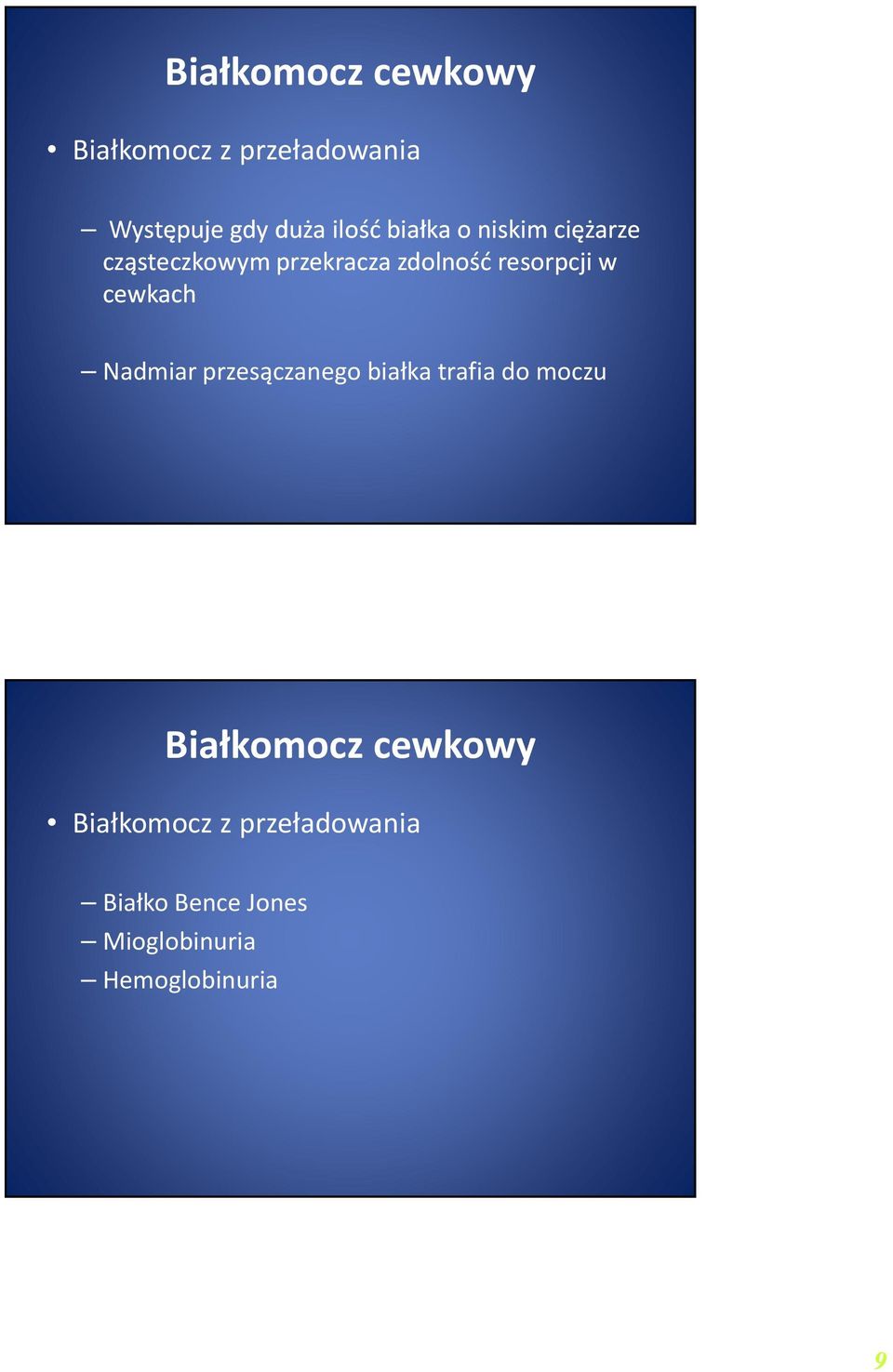 cewkach Nadmiar przesączanego białka trafia do moczu Białkomocz cewkowy