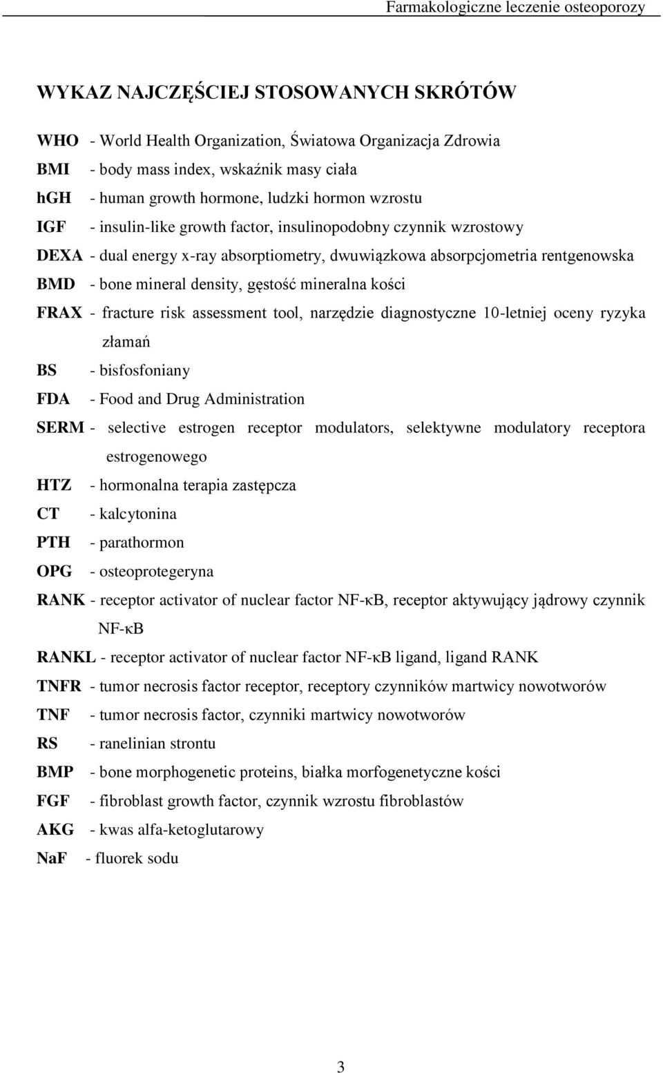 FRAX - fracture risk assessment tool, narzędzie diagnostyczne 10-letniej oceny ryzyka złamań BS - bisfosfoniany FDA - Food and Drug Administration SERM - selective estrogen receptor modulators,