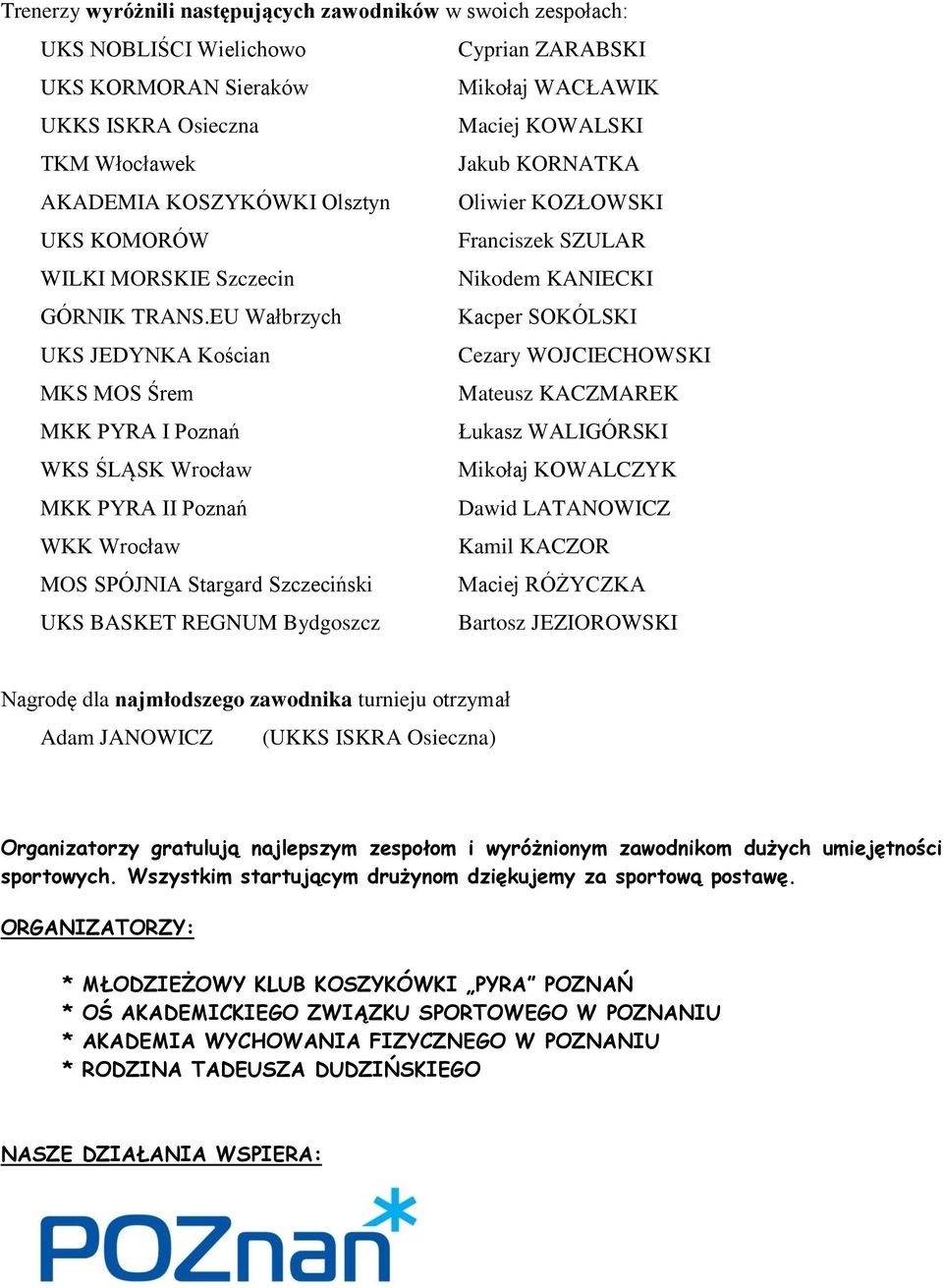 EU Wałbrzych Kacper SOKÓLSKI Kościan Cezary WOJCIECHOWSKI Śrem Mateusz KACZMAREK MKK Łukasz WALIGÓRSKI WKS Mikołaj KOWALCZYK MKK I Dawid LATANOWICZ Kamil KACZOR MOS Stargard Szczeciński Maciej