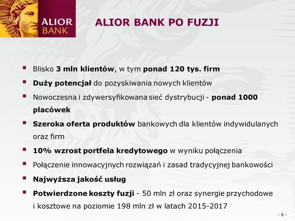 oferta produktów bankowych dla klientów indywidulanych oraz firm 10% wzrost portfela kredytowego w wyniku połączenia Połączenie