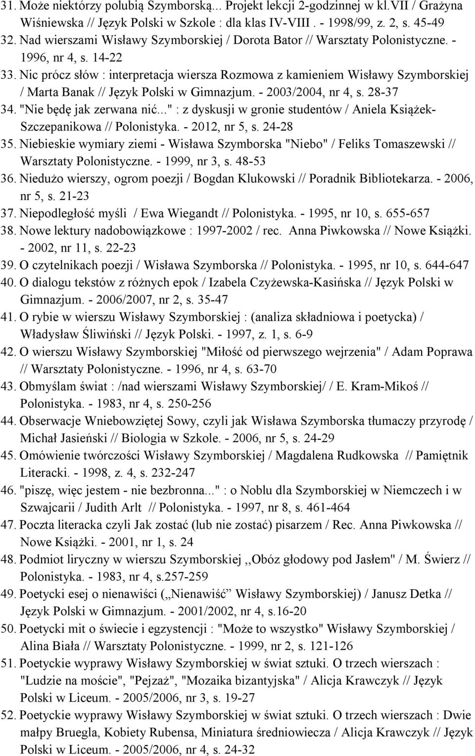 Nic prócz słów : interpretacja wiersza Rozmowa z kamieniem Wisławy Szymborskiej / Marta Banak // Język Polski w Gimnazjum. - 2003/2004, nr 4, s. 28-37 34. "Nie będę jak zerwana nić.