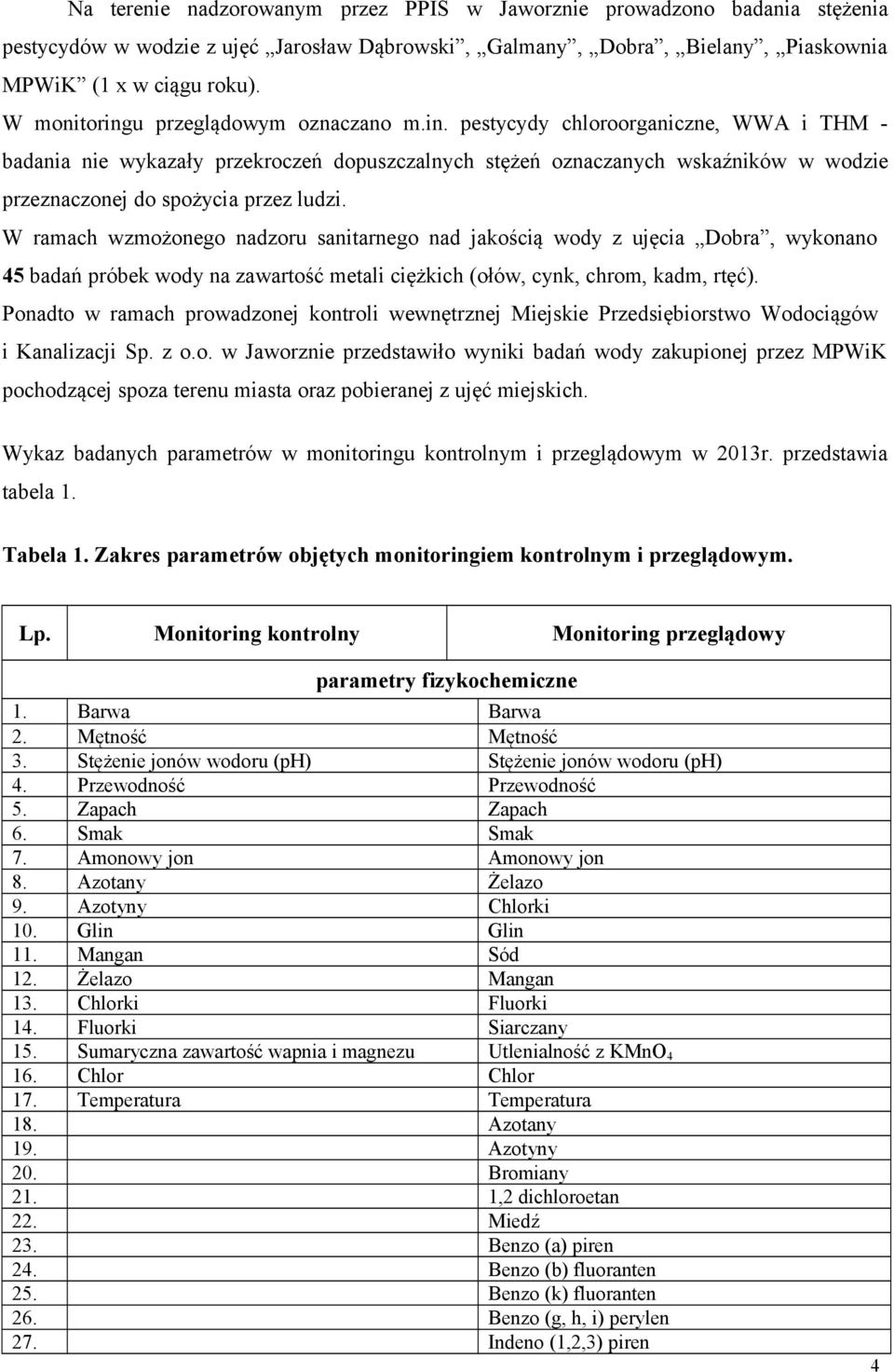 W ramach wzmożonego nadzoru sanitarnego nad jakością wody z ujęcia Dobra, wykonano 45 badań próbek wody na zawartość metali ciężkich (ołów, cynk, chrom, kadm, rtęć).