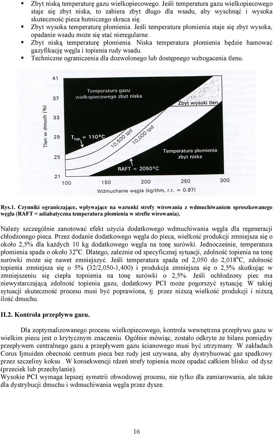 Jeśli temperatura płomienia staje się zbyt wysoka, opadanie wsadu może się stać nieregularne. Zbyt niską temperaturę płomienia.