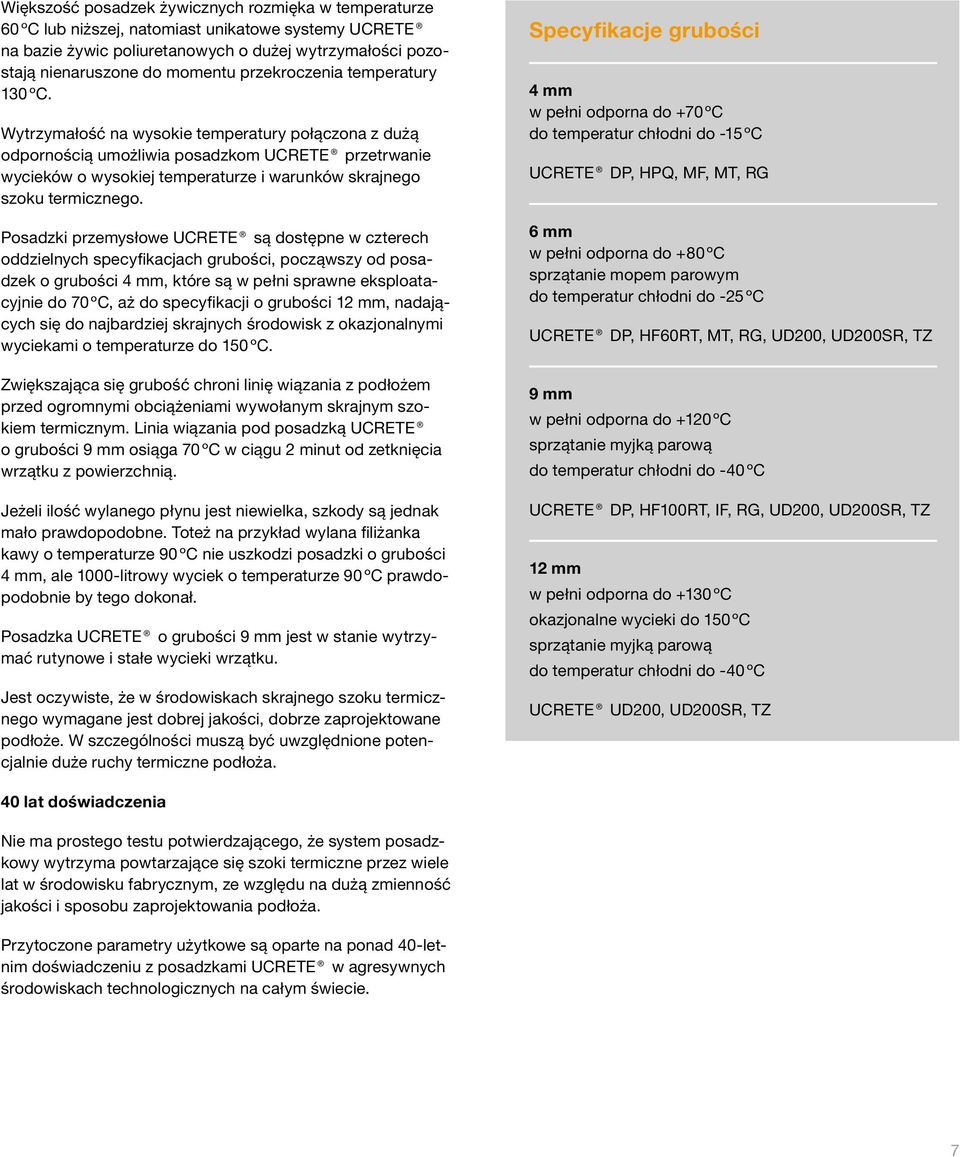 Wytrzymałość na wysokie temperatury połączona z dużą odpornością umożliwia posadzkom UCETE przetrwanie wycieków o wysokiej temperaturze i warunków skrajnego szoku termicznego.