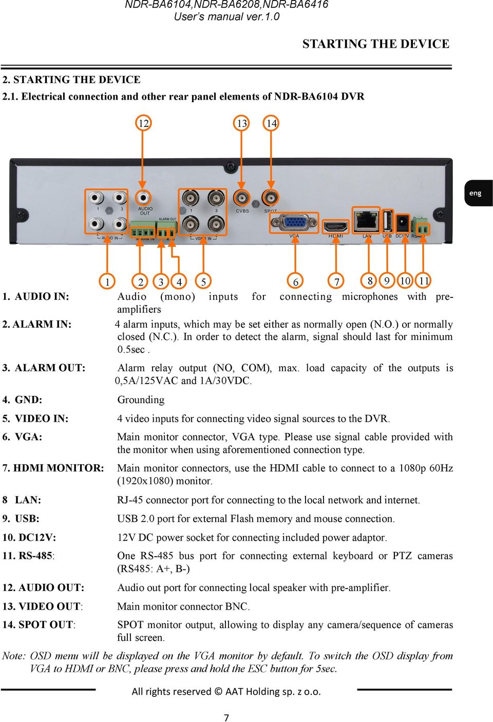 5sec. 3. ALARM OUT: Alarm relay output (NO, COM), max. load capacity of the outputs is 0,5A/125VAC and 1A/30VDC. 4. GND: Grounding 5.