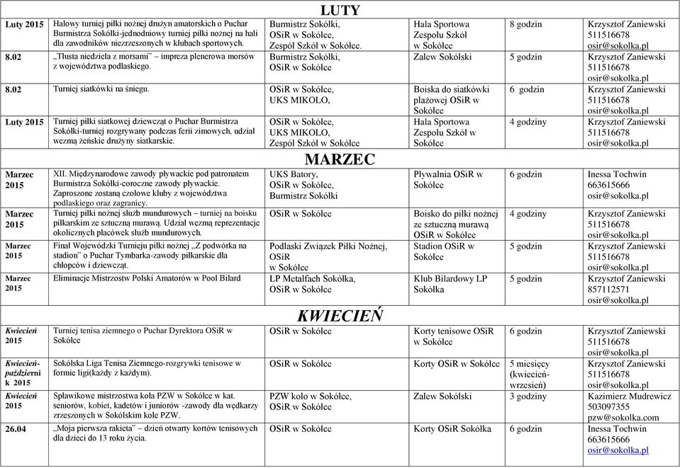 , UKS MIKOLO, Luty Kwiecień Kwiecieńpaździerni k Kwiecień Turniej piłki siatkowej dziewcząt o Puchar Burmistrza -turniej rozgrywany podczas ferii zimowych, udział wezmą żeńskie drużyny siatkarskie.