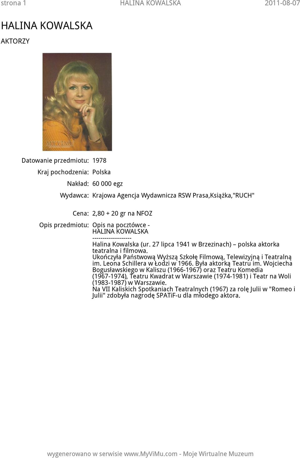 Leona Schillera w Łodzi w 1966. Była aktorką Teatru im.