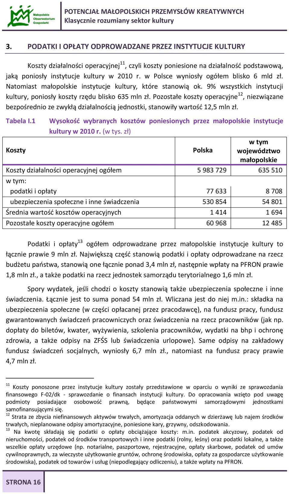 w Polsce wyniosły ogółem blisko 6 mld zł. Natomiast małopolskie instytucje kultury, które stanowią ok. 9% wszystkich instytucji kultury, poniosły koszty rzędu blisko 635 mln zł.