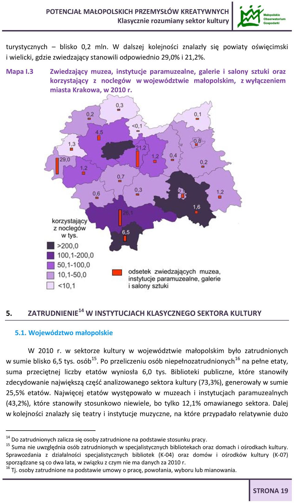 ZATRUDNIENIE 14 W INSTYTUCJACH KLASYCZNEGO SEKTORA KULTURY 5.1. Województwo małopolskie W 2010 r. w sektorze kultury w województwie małopolskim było zatrudnionych w sumie blisko 6,5 tys. osób 15.